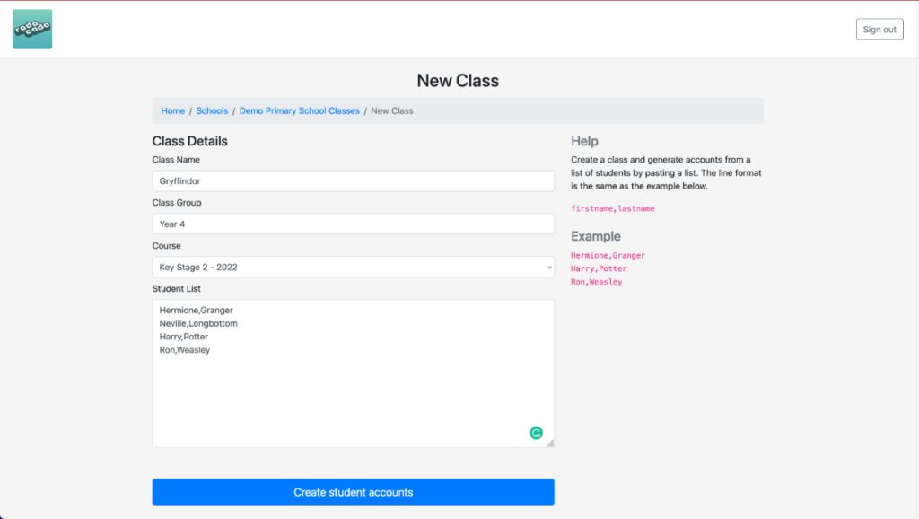 Screenshot of the New Class form filled out.